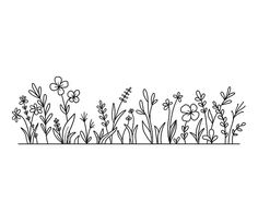 a black and white line drawing of flowers on a planter with grass in the foreground