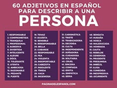 the spanish version of persona is shown in purple and white, with words above it