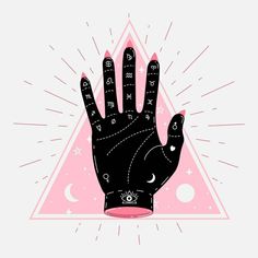 a hand with an all seeing symbol on it's palm is in front of a triangle