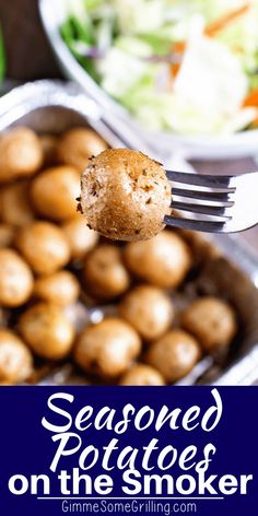 a fork with some food on it and the words seasoned potatoes on the spoon above it