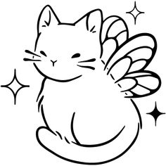 a black and white drawing of a cat with wings