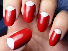 Red with white half moons. 47 Amazing Retro Nails Designs - I'm not sure that these are particularly retro but there are some interesting ideas 1950s Nails, Half Moon Manicure, Nails Vintage, Half Moon Nails, Moon Manicure, Emerald Nails, Natural Nail Art, Half Moons, Retro Nails