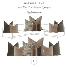 four pillows with different patterns on them and the words hakener home written in white