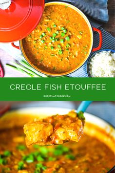 the recipe for crockle fish etoufe is shown in two different pictures