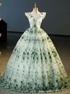 Green Tulle 3D Flower V-neck Quinceanera Dress Spring Wedding Green Ball Gown, Green Floral Print Prom Dress, Spring Green Ball Gown, Green Spring Dress For Debutante Ball, Green Dress For Debutante Ball In Spring, Green Tulle Gown, Quinceanera Dresses Green, Prom Dress Plus Size, Green Tulle