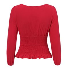 FREE SHIPPING Women Red Crop Tops High Waist Twist Ruffle Winter Blouses JKP3568 Fitted V-neck Peplum Top For Fall, Fall Long Sleeve Peplum Top With Ruffles, Solid Ruffled Tops For Fall, Fall Solid Top With Ruffles, Winter V-neck Top With Ruffles, Casual Long Sleeve Peplum Top With Ruffle Hem, Solid Color Tops With Ruffle Hem And Stretch, Solid Color Stretch Top With Ruffle Hem, Fall Peplum Top With Ruffle Hem