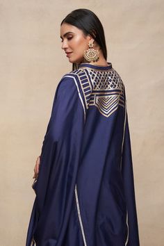 Indigo kaftan with gold and silver linear placed gota embellishments. - Aza Fashions Elegant Kaftan With Gota Work For Festivals, Elegant Kaftan With Gota Work For Eid, Elegant Gota Work Kaftan For Eid, Elegant Gota Work Kaftan For Diwali, Elegant Diwali Kaftan With Gota Work, Designer Long Sleeve Kaftan With Gota Work, Elegant Kaftan With Gota Work, Designer Gold Kaftan With Dabka Work, Eid Long Sleeve Kaftan With Gota Work