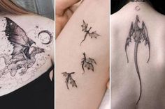 three different tattoos on the back of women's shoulder and upper half of their body