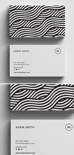 three business cards with black and white wavy lines on the front, back and sides