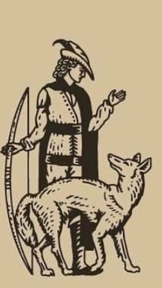 a man standing next to a dog with a bow and arrow