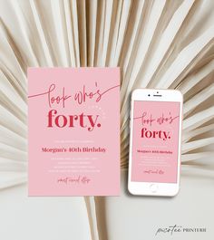 a pink birthday party card next to an iphone