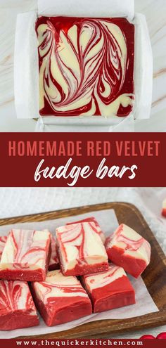 homemade red velvet fudge bars with white chocolate and raspberry swirl on top