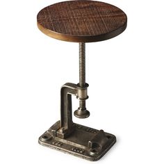 an adjustable stool with a wooden seat and foot rest on a metal base, viewed from the front