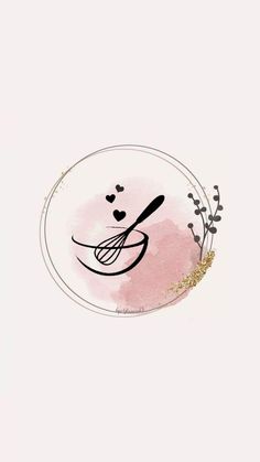 a pink and white plate with a whisk in it's center on a light background