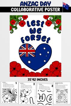 anzac day poster with an australian flag heart and the words,'let we forget '