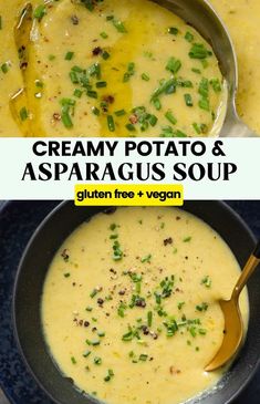 creamy potato and asparagus soup in a black bowl with a spoon on the side