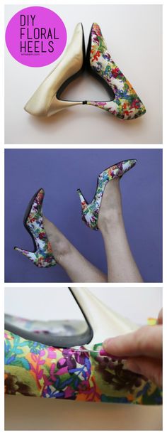 Make your own on-trend floral pumps!  you just need some old heels, fabric and mod podge! Painted Heels Diy, Old Heels, Mod Podge Fabric, Diy Sandals, Mod Podge Crafts