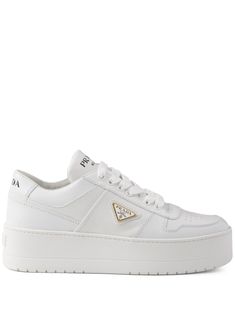 Find PRADA Downtown Bold Leather Sneakers on Editorialist. white leather smooth grain panelled design triangle logo logo-print tongue round toe front lace-up fastening perforated toebox branded heel counter branded leather insole platform sole Design Triangle, Tennis Fashion, Luxury Sneakers, Triangle Logo, Dolce E Gabbana, Mini Dress Shop, Prada Shoes, Sneaker Wedge, Pump Sandals