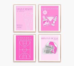 four pink posters with different types of items on them, each one has a football helmet and other sports related items