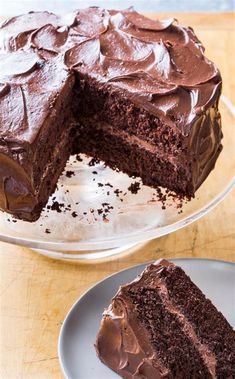 a chocolate cake on a plate with one slice cut out and the rest half eaten