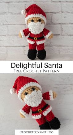 two crocheted stuffed animals with santa's outfit