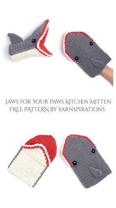 three crocheted mitts with different patterns on them