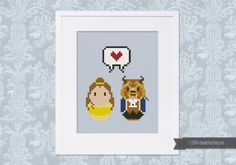 a cross stitch pattern with two people and a speech bubble on the wall above them