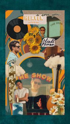 a collage of photos with sunflowers and other things on the page, including an album cover