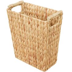 a large woven basket with wooden handles on a white background, isolated for use as a storage container