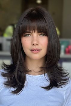 Flipped-Out Layers with Blunt Bangs, Trending Medium Layered Haircuts, medium length layered haircut, medium length layered hairstyle Flip Hairstyle Medium, Layered Haircut Medium Length, Medium With Bangs, V Haircut, Layered Haircuts Medium Length, Flip Hairstyle, Layered Haircuts Medium, Wavy Lob Haircut, Haircuts Medium Length