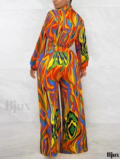 Bjux - Exquisite Plus Size Jumpsuit: Womens Elegant Fluid Print Long Sleeve Turn Down Collar Jumpsuit with Medium Stretch Multicolor Long Sleeve Jumpsuits And Rompers For Spring, Multicolor Long Sleeve Jumpsuit For Summer, Casual Multicolor Party Sets, Multicolor Printed Party Bottoms, Stretch Multicolor Printed Jumpsuits And Rompers, Multicolor Stretch Party Sets, Multicolor Printed Stretch Jumpsuits And Rompers, Fitted Multicolor Printed Jumpsuits And Rompers, Stretch Multicolor Jumpsuits And Rompers For Party