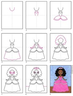 step by step instructions for how to draw princess dresses