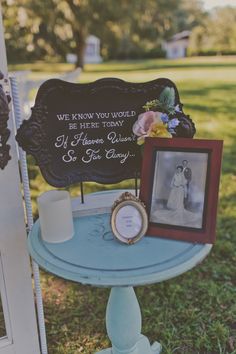 an image of a table with pictures on it and a sign that says, we know you