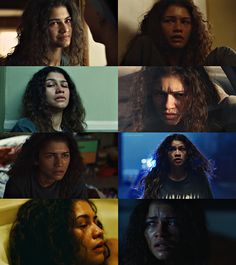 many different images of the same person with long hair and no makeup, one is staring at