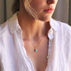 "Some classics never go out of style. Our dainty turquoise necklace adds a touch of color and can be dressed up or down! Add a little sparkle to your dainty jewelry collection with this delicate 14kt gold filled necklace.  D E T A I L S *Natural Turquoise Drop  *14kt gold over sterling silver bezel set drop *100% 14kt gold filled chain in your choice of style  Wonderful for layering! LENGTH  *Available in 16, 18 or 20 inches  *Model is wearing 18\" in photos  HOW TO PERSONALIZE *Select your choi Necklaces For Her, London Blue Topaz Necklace, Turquoise Birthstone, Layer Jewelry, Turquoise Bar Necklace, December Birthstone Necklace, Turquoise Bar, Custom Initial Necklace, Blue Topaz Necklace