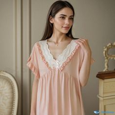 Orcajump - Elegant and  Charming Princess Sleepwear: Comfortable and Cute Short-sleeved Cotton Nightgown for Relaxing at Home Princess Sleepwear, Princess Nightgowns Cotton, Feminine V-neck Nightgown With Lace Trim, Sleeping Gown, Casual V-neck Nightgown With Lace Trim, Feminine Pink V-neck Nightgown, Pink Casual V-neck Nightgown, Cotton Nightgown, Princess Inspired