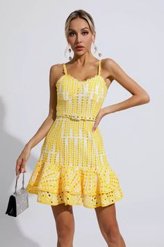 The Paislee Yellow Cutout Ruffle Mini Dress will have you hooked! Make this dress your new favorite—a relaxed dress in floral-print fabric. Cutout design adds chic. All it takes is a pair of flats, sandals, or heels for an easy yet stylish look!   Dress Length: Approx 72cm Materials: Polyester Gentle Dry Clean Only  Model is 5 ft 7 and wears size S  Colour may vary due to lighting on images. The product images (without model) are closest to the true colour of the product.  Item runs true t Relaxed Dress, Glitter Wedding Dress, Cutout Mini Dress, Bandage Midi Dress, Floral Print Fabric, Cutout Design, Flats Sandals, Floral Shirt Dress, Ruffle Mini Dress