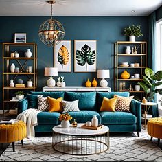 a living room with blue walls, yellow accents and gold accents on the coffee table