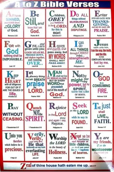 a large poster with words on it that say different things to be in the bible