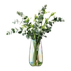 a vase filled with lots of green plants