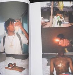 an open book with pictures of people in bed and one man drinking from a cup