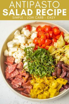 a bowl filled with meat and vegetables on top of a white counter next to the words antipasto salad recipe