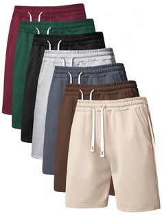 Men's 7pcs/Set Summer Simple Style Solid Color Drawstring Waist Regular Fit Casual Shorts For Sports Multicolor Casual   Knitted Fabric Plain Straight Leg,Track Shorts Slight Stretch Fall,Spring,Spring/Fall,Summer,All,Spring/Summer,Spring/Summer/Fall Men Clothing, size features are:Bust: ,Length: ,Sleeve Length: Sporty Solid Pants With Built-in Shorts, Sporty Short-length Solid Pants, Beige Shorts Men, 5 Inch Seem Mens Shorts, Shein Shorts Men, Track Shorts, Male Body, Romper With Skirt