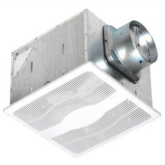 a white exhaust fan mounted on the side of a wall with a metal ventilator