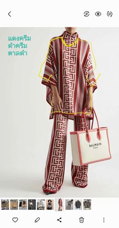 a woman in red and white outfit holding a bag