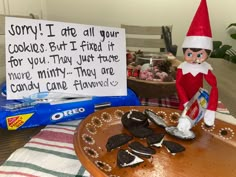 Elf on the shelf idea. Fill Oreos with toothpaste and keep the tube in the elf’s arms Elf On The Shelf Ideas Oreo, Elf Oreo Ideas, Elf On The Shelf Ideas With Oreos, Oreo Elf On The Shelf, Elf On The Shelf Oreo Ideas, Elves Ideas, Elf Shenanigans, Elf Idea, Elf Ideas Easy