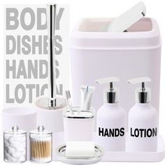 a white bathroom set with soap dispenser, toothbrush holder and lotion bottles