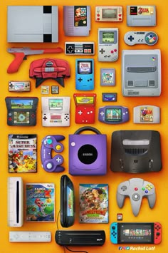 an assortment of video game items arranged in the shape of a circle on a yellow background