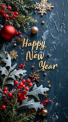 an image of christmas decorations on a black background with the words happy new year written in gold