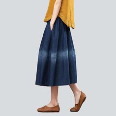 Take your urban trend to the next level with this 2023 Autumn Collection Dark-Wash. Fit-and-Flare. High-Waisted Contrast Band Lengthy Denim Skirt! Crafted with a rubber closure for a snug fit. this piece brings together conventional style and trendy fashion. making it a must-have for any fashion-forward wardrobe.Why You'll Fall in Love Street Style: Combine traditional and fashion vogue effortlessly with this denim skirt. perfect for any street style enthusiast. Dark Wash: The dark wash finish a High Waist Pleated Denim Skirt In Cotton, High Waist Pleated Cotton Denim Skirt, High-waist Cotton Pleated Denim Skirt, High Waist Cotton Denim Pleated Skirt, Non-stretch Mid-rise Denim Skirt For Spring, Denim Skirt Jeans For Spring, Non-stretch High Waist Denim Skirt For Spring, Indigo Baggy Bottoms For Spring, Dark Wash High Waist Cotton Skirt